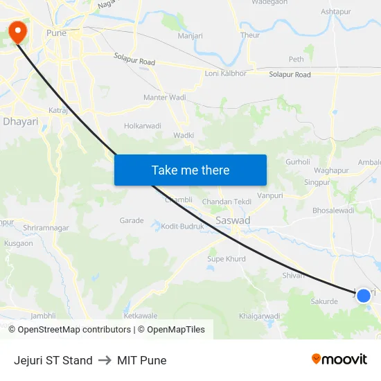 Jejuri ST Stand to MIT Pune map