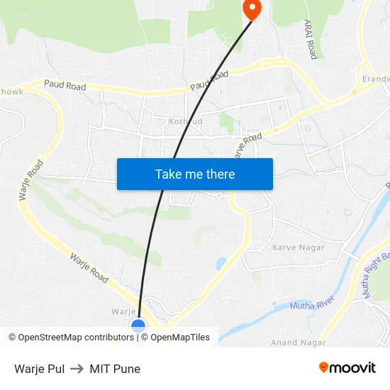 Warje Pul to MIT Pune map
