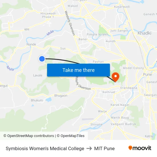 Symbiosis Women's Medical College to MIT Pune map