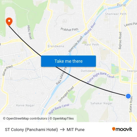 ST Colony (Panchami Hotel) to MIT Pune map