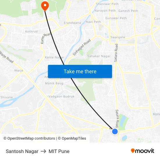 Santosh Nagar to MIT Pune map