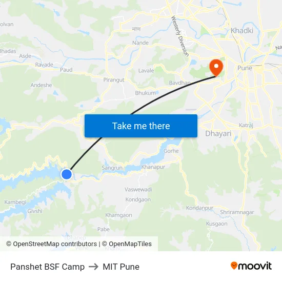 Panshet BSF Camp to MIT Pune map