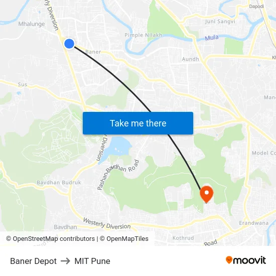 Baner Depot to MIT Pune map