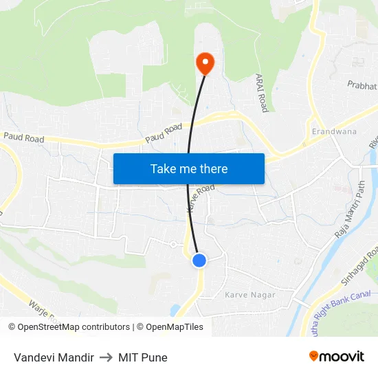 Vandevi Mandir to MIT Pune map