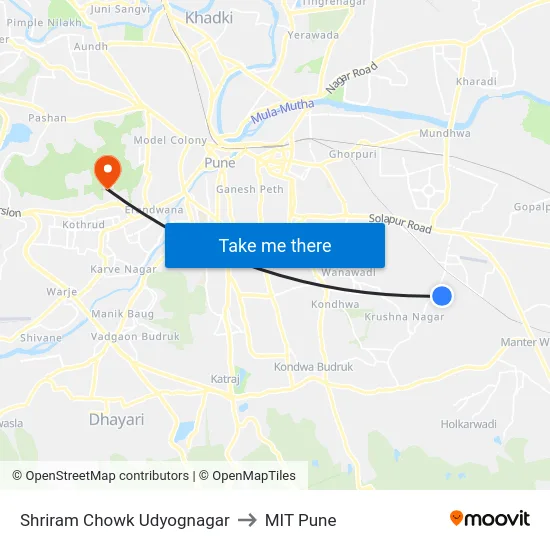Shriram Chowk Udyognagar to MIT Pune map