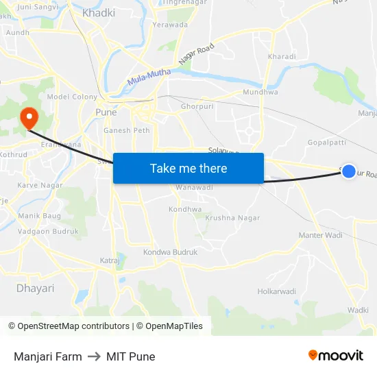 Manjari Farm to MIT Pune map
