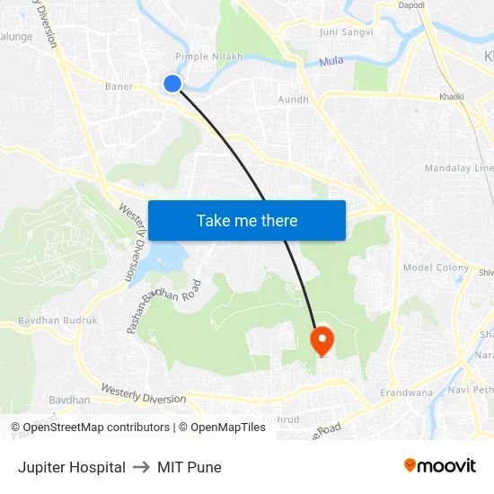 Jupiter Hospital to MIT Pune map