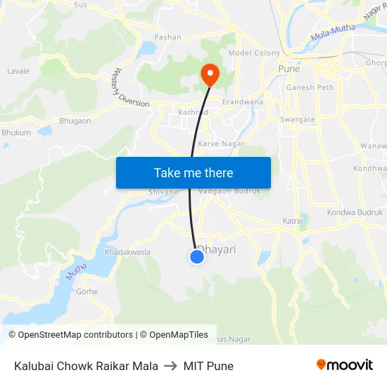 Kalubai Chowk Raikar Mala to MIT Pune map