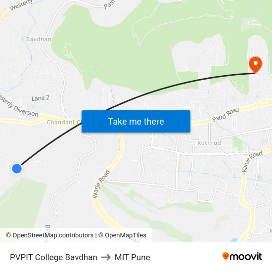 PVPIT College Bavdhan to MIT Pune map