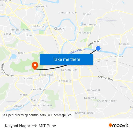 Kalyani Nagar to MIT Pune map