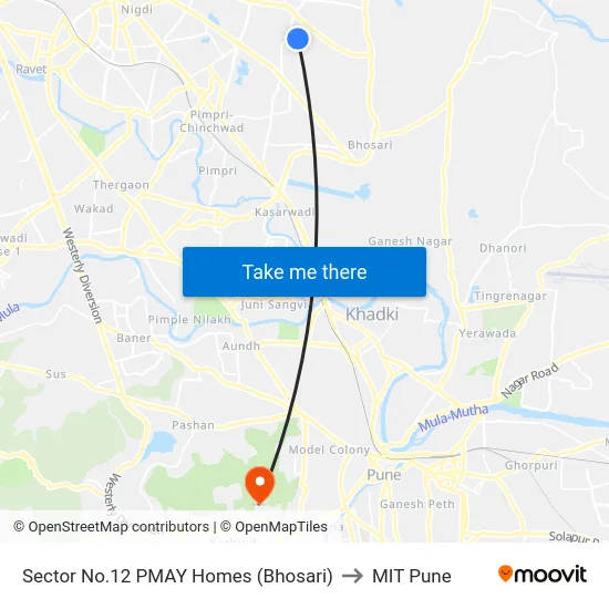 Sector No.12 PMAY Homes (Bhosari) to MIT Pune map