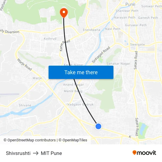 Shivsrushti to MIT Pune map