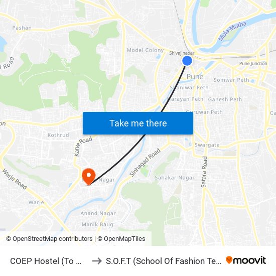 COEP Hostel (To Manapa) to S.O.F.T (School Of Fashion Technology) map