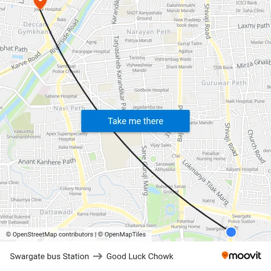 Swargate bus Station to Good Luck Chowk map
