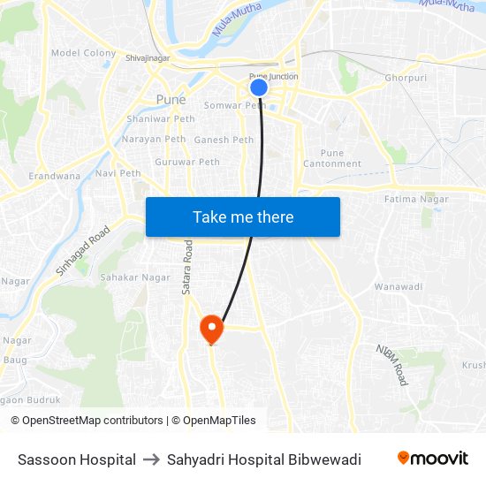 Sassoon Hospital to Sahyadri Hospital Bibwewadi map