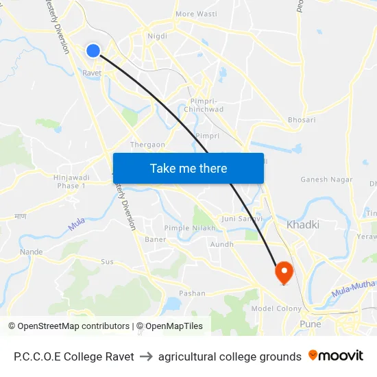 P.C.C.O.E College Ravet to agricultural college grounds map