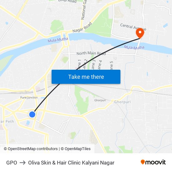 GPO to Oliva Skin & Hair Clinic Kalyani Nagar map