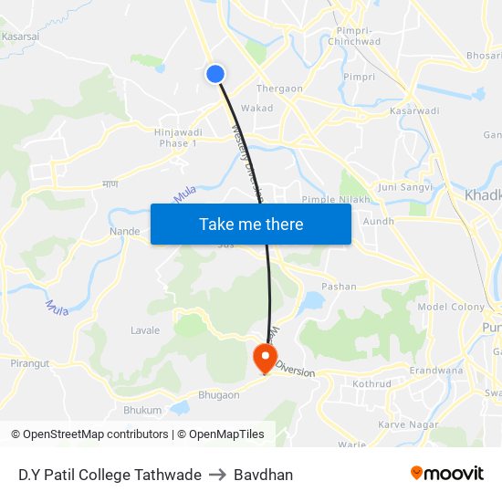 D.Y Patil College Tathwade to Bavdhan map