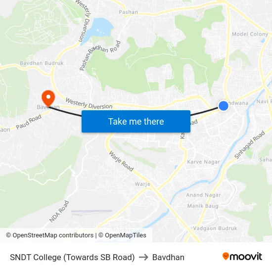 SNDT College (Towards SB Road) to Bavdhan map