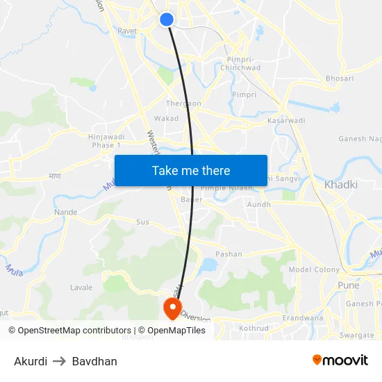 Akurdi to Bavdhan map