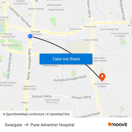 Swargate to Pune Adventist Hospital map