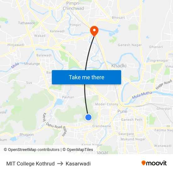 MIT College Kothrud to Kasarwadi map