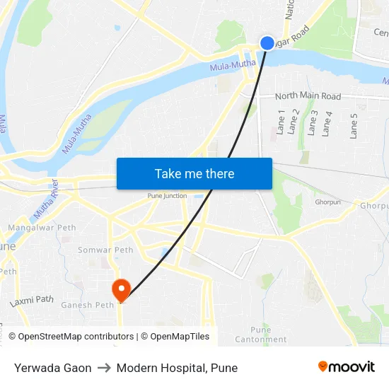Yerwada to Modern Hospital, Pune map