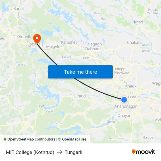 MIT College (Kothrud) to Tungarli map