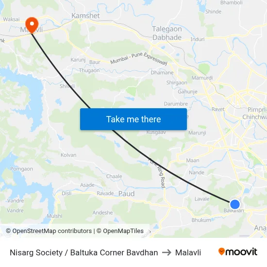 Nisarg Society / Baltuka Corner Bavdhan to Malavli map