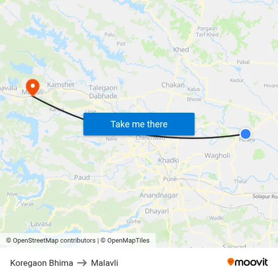 Koregaon Bhima to Malavli map