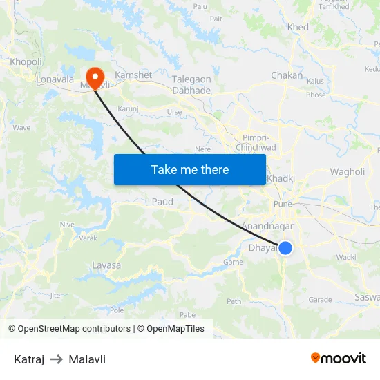 Katraj to Malavli map