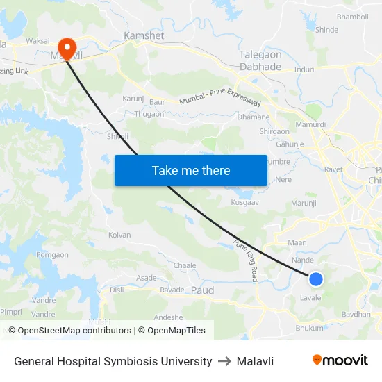 General Hospital Symbiosis University to Malavli map