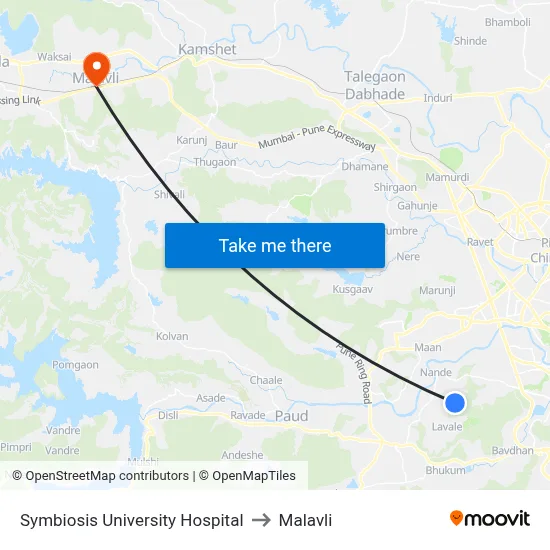 Symbiosis University Hospital to Malavli map