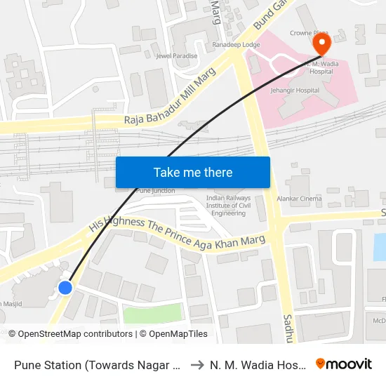 Pune Station (Towards Nagar Road) to N. M. Wadia Hospital map