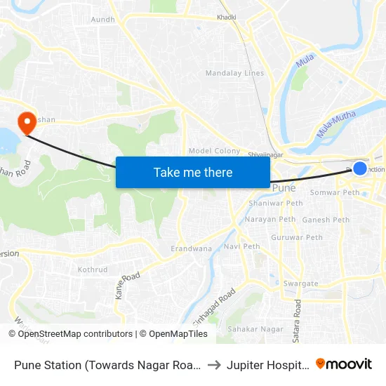 Pune Station (Towards Nagar Road) to Jupiter Hospital map