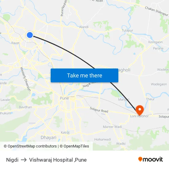 Nigdi to Vishwaraj Hospital ,Pune map