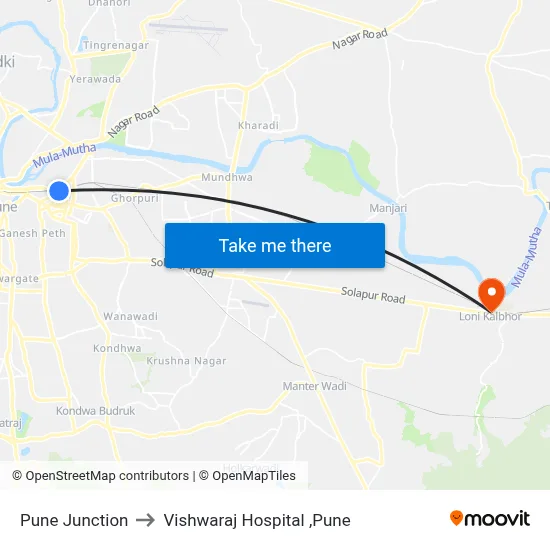 Pune Junction to Vishwaraj Hospital ,Pune map