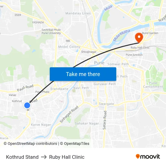 Kothrud Stand to Ruby Hall Clinic map