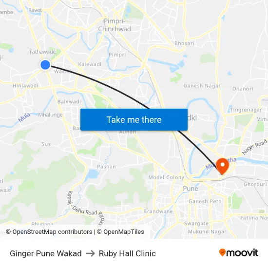 Ginger Pune Wakad to Ruby Hall Clinic map