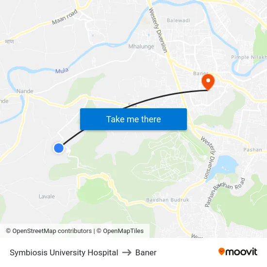 Symbiosis University Hospital to Baner map