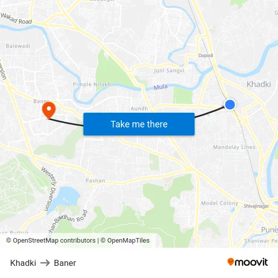 Khadki to Baner map