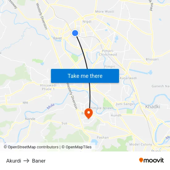 Akurdi to Baner map