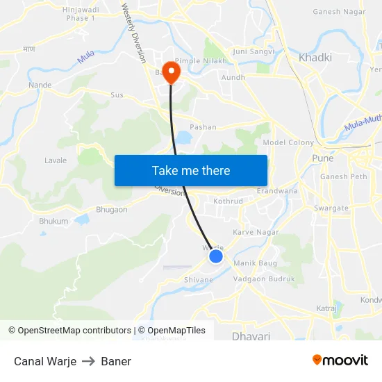 Canal Warje to Baner map
