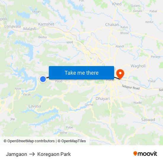 Jamgaon to Koregaon Park map