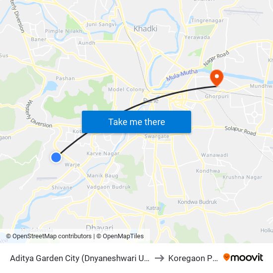 Aditya Garden City (Dnyaneshwari Udyan) to Koregaon Park map