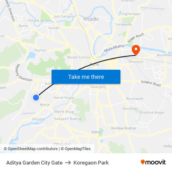 Aditya Garden City Gate to Koregaon Park map