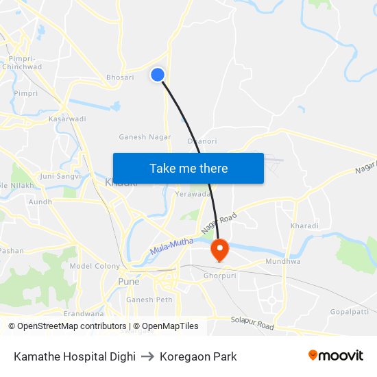 Kamathe Hospital Dighi to Koregaon Park map