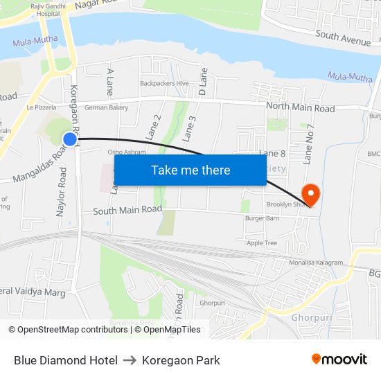 Blue Diamond Hotel to Koregaon Park map