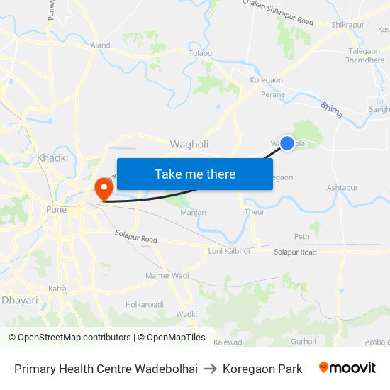 Primary Health Centre Wadebolhai to Koregaon Park map