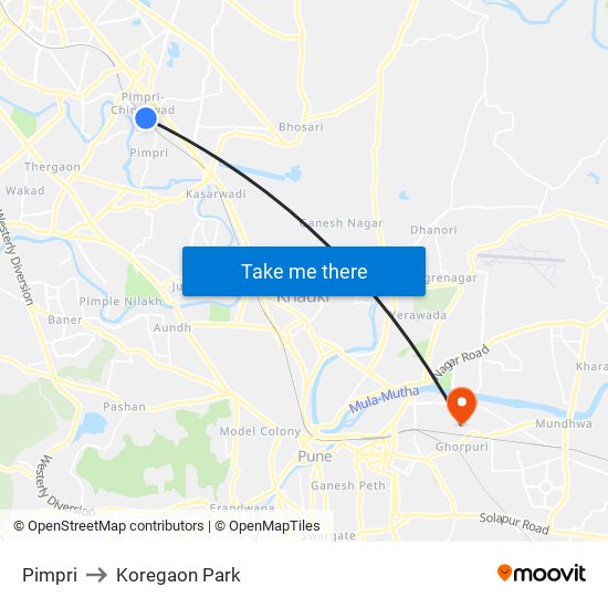 Pimpri to Koregaon Park map